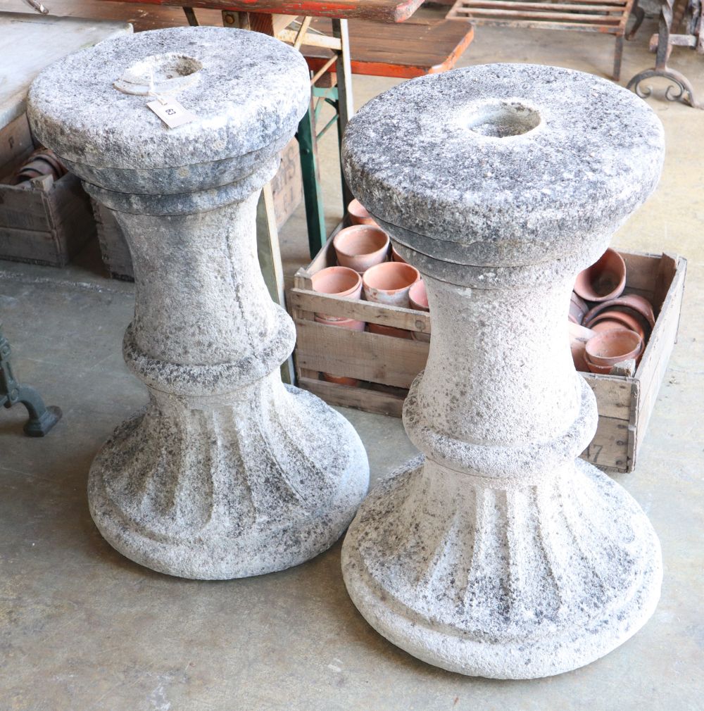 A pair of cast stone garden pedestals, Diameter 38cm, H.74cm